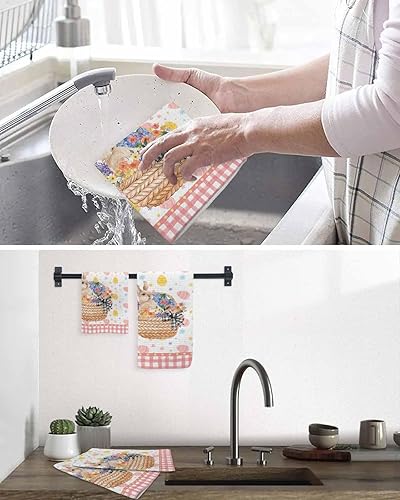 Miniatura 6 de Juego de 2 toallas de cocina de algodón con tejido de gofre, huevos de Pascua, cesta de flores de conejito rosa a cuadros de 16 x 24 pulgadas,
