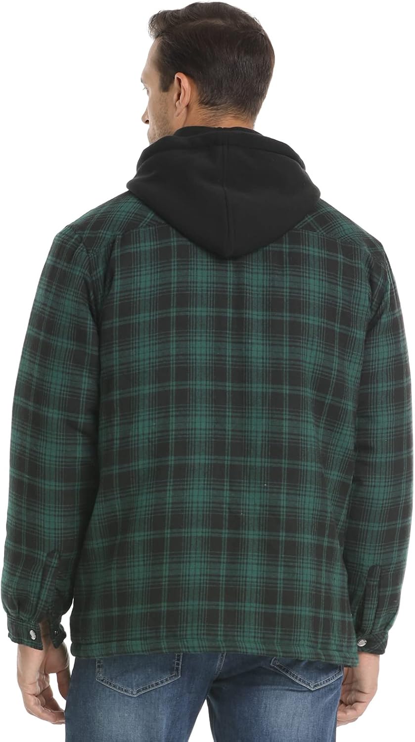 CHEXPEL Flannel Jackets for Men Long Sleeve Plaid Shirt Jacket Quilt Lined Hooded with Button Down Winter Coat - Image 3