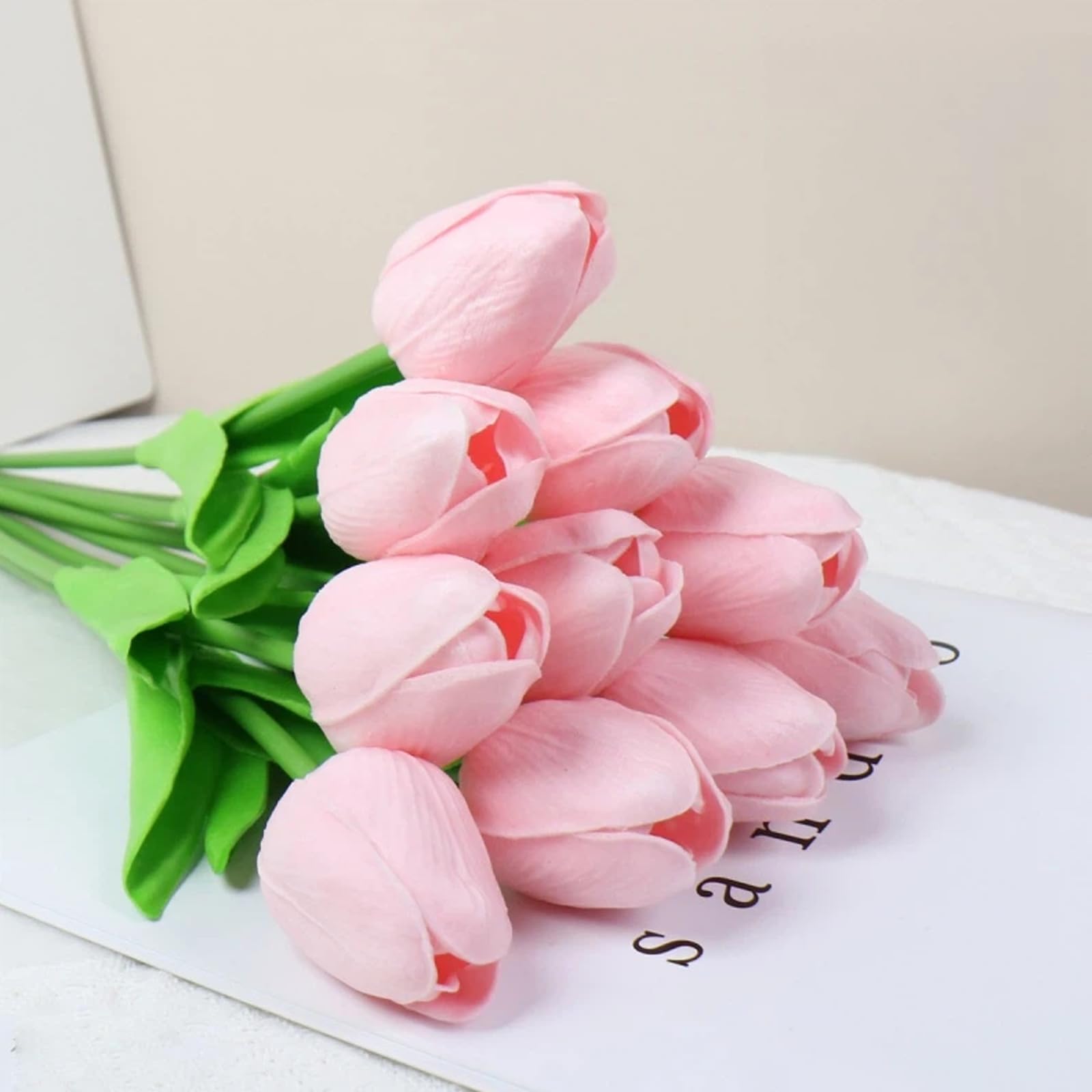 20Pcs Stems 13.5 Inch Candy Pink PU Artificial Moisturizing Tulips, Faux Candy Pink Tulips Flowers for Thanksgiving Christmas Decorations Wedding Home Table Vase Floral Arrangements