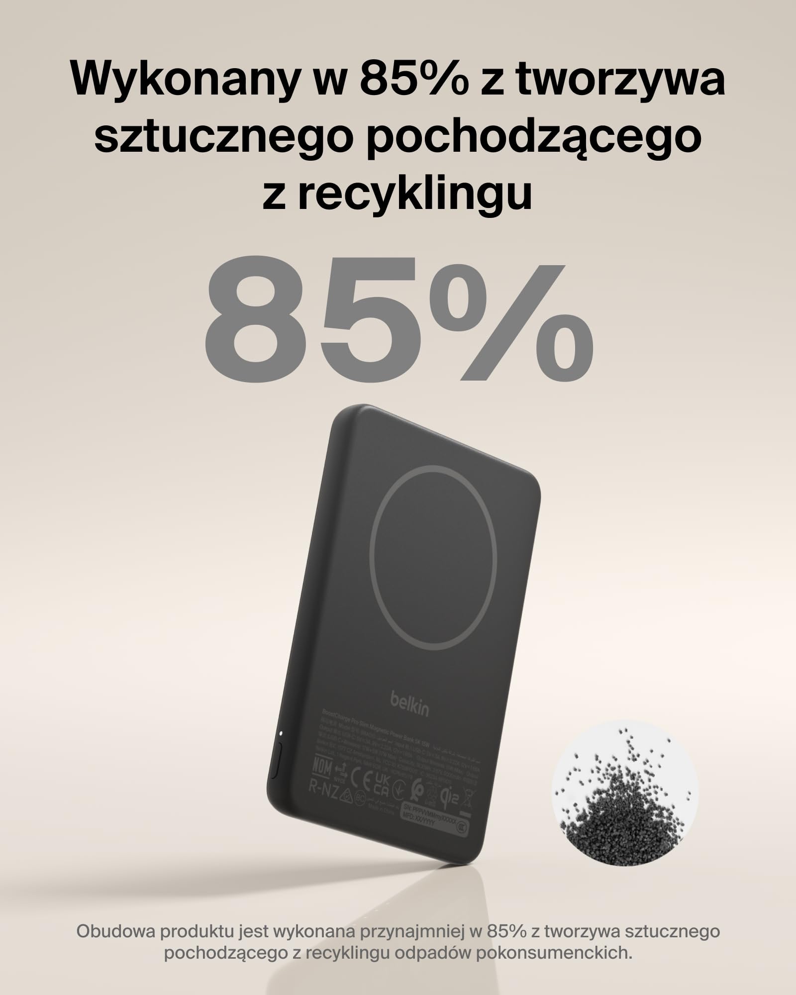 Belkin BoostCharge Magnetyczny Powerbank 5000mAh, Certyfikat Qi2, z Pierścieniem Magnetycznym i Portem USB-C, Smukła Ładowarka 15W do Urządzeń iPhone, Galaxy, Pixel – z Kablem USB-C – Czarny