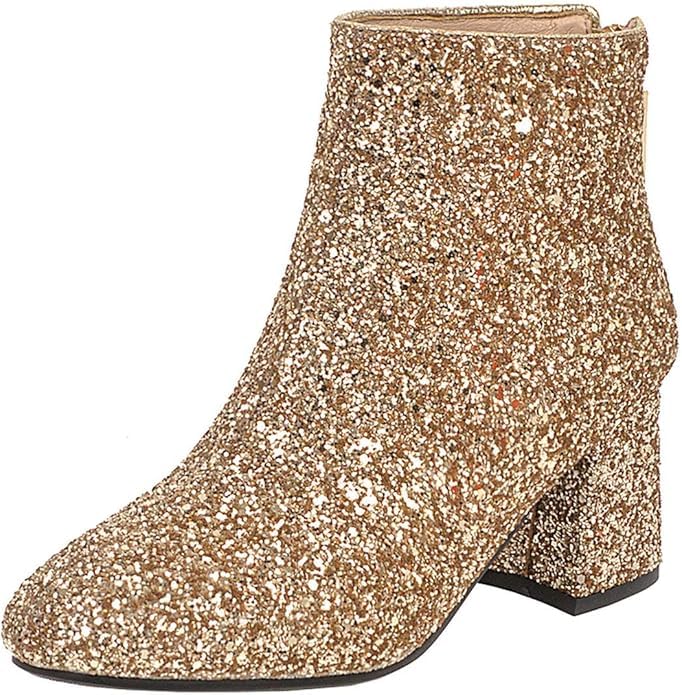 MAVMAX Women's Sequin Glitter Ankle Boots Chunky Heels Sparkly Booties