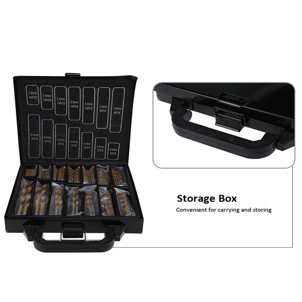 Set punte da trapano HSS, Twist Drill Bit Set Superficie rivestita in titanio Confezionamento di scatole di ferro, 1.5-10mm (99 pezzi)