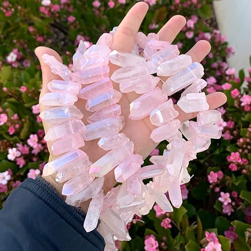 Miniatura 4 de 1 hebra Adabele de cristal curativo natural de cuarzo de gran tamaño con punta de espiga rosa rosa AB recubierto de titanio de 15 pulgadas con