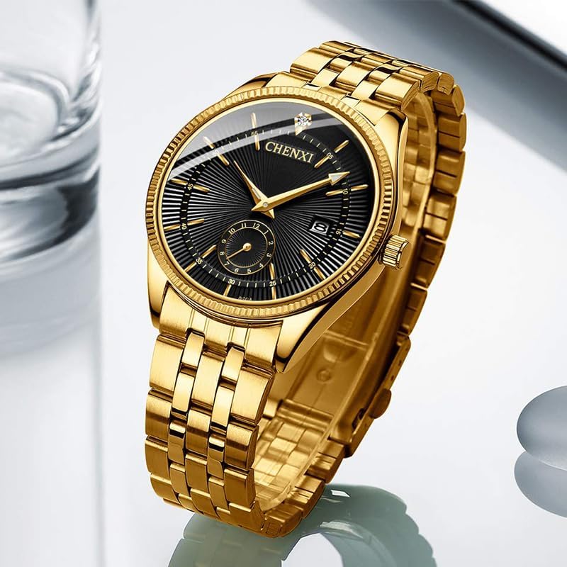 FANMIS Men's Luxury Analog Quartz Gold Wrist Watches Business Stainless Steel Band Dress Wrist Watch Classic Calendar Date Window 3ATM Water Resistant - Image 7