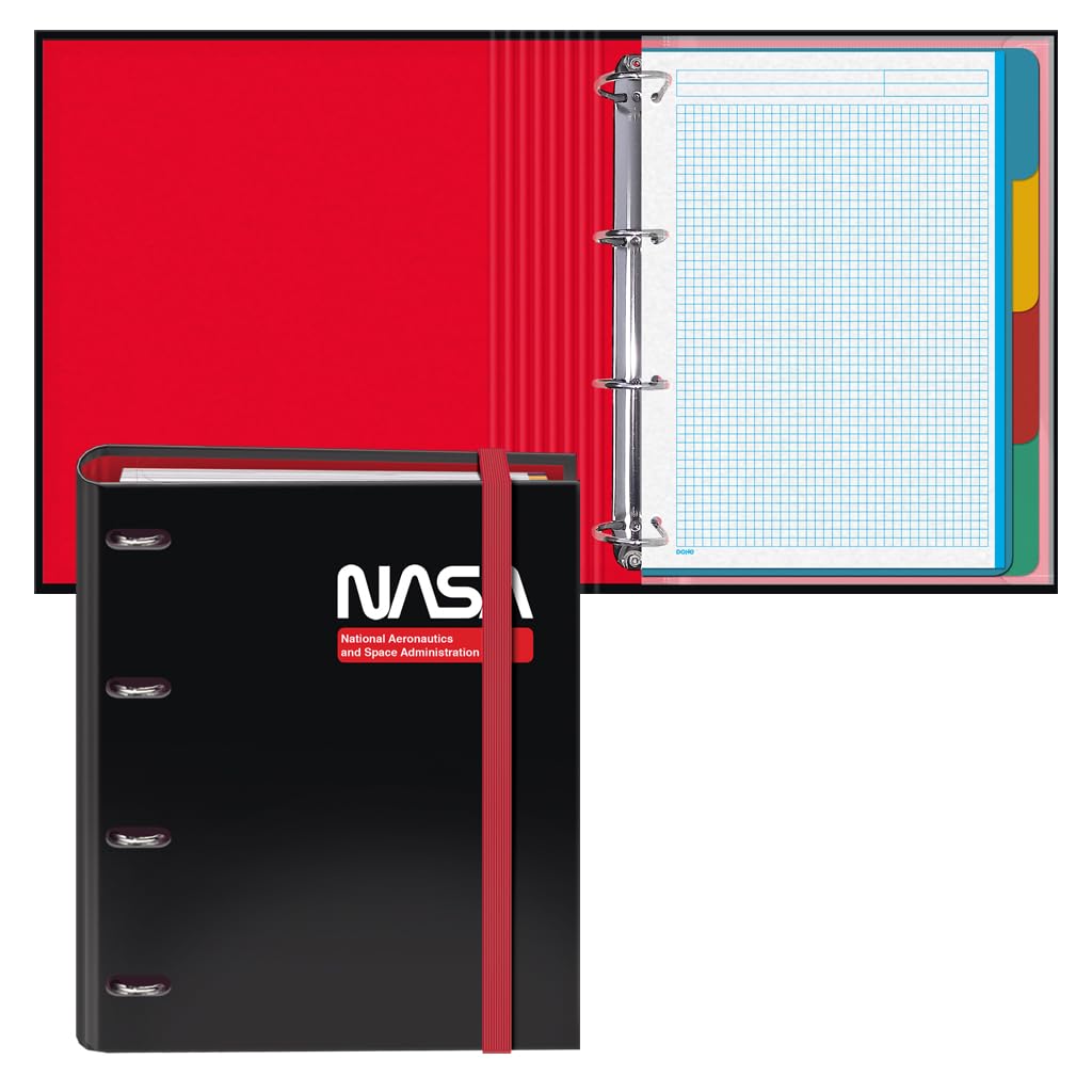 Dohe - Ordner mit 4 Ringen mit Nachfüllung, 100 Blatt, A4, Gummiverschluss, 4 farbige Trennblätter, Dokumententasche, Papier 90 g/m², Kompressor, Schulmaterial - NASA Black - Schwarz