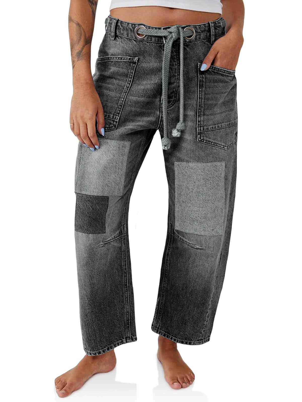 PLNOTME Womens Baggy Barrel Horseshoe Jeans Wide Leg Patchwork Low Rise Denim Pants with Pockets