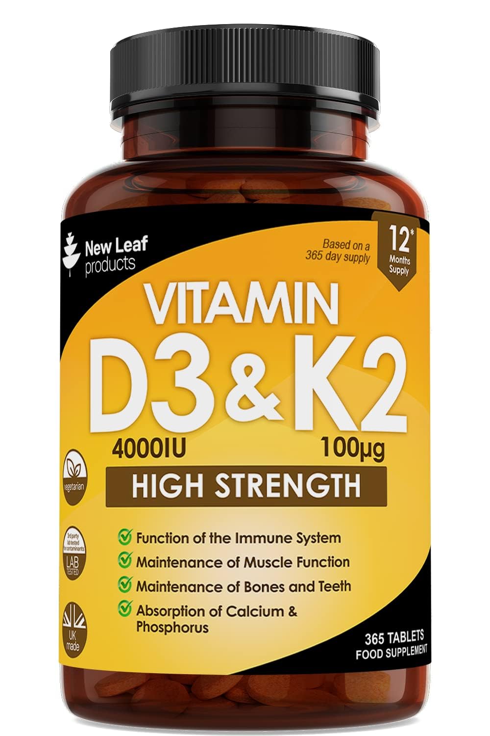 Vitamin D3 K2 - Vitamin D3 4000iu & Vitamin K2 100ug (MK7) 1 Year Supply, Supports Immunity, Calcium Absorption and Bone Health, Non-GMO, UK Made by New Leaf 365 Micro Small Vegetarian Tablets,