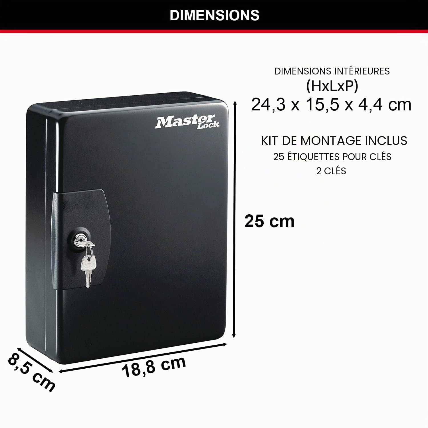 Master Lock Armoire à Clés [Fixation Murale] [25 Crochets] KB-25ML - 25 Porte-clés Inclus avec étiquettes