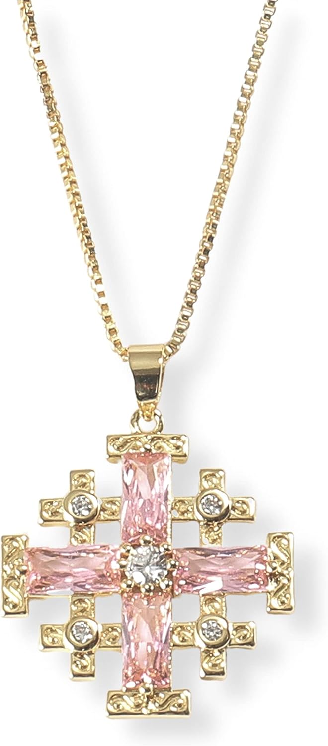 Nazareth Store 18k Yellow Gold Plated Crusaders Jerusalem Cross Pendant with Crystallized Topaz and 20" Necklace Chain
