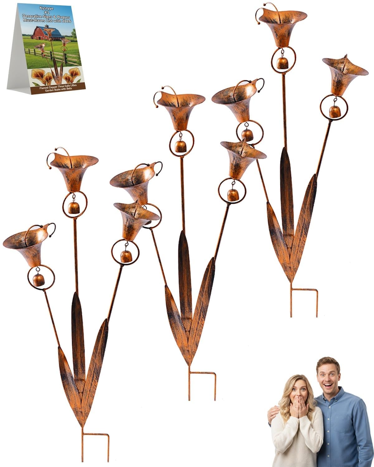 2026 Flamed Copper Three Calla Lilies Garden Stake with Bells, Rain Catcher Flower Handmade 24inch Large Whimsical Metal Plant Sculpture Yard Art Decor, Rustic Wind Chime Ornament Gift (3pcs)