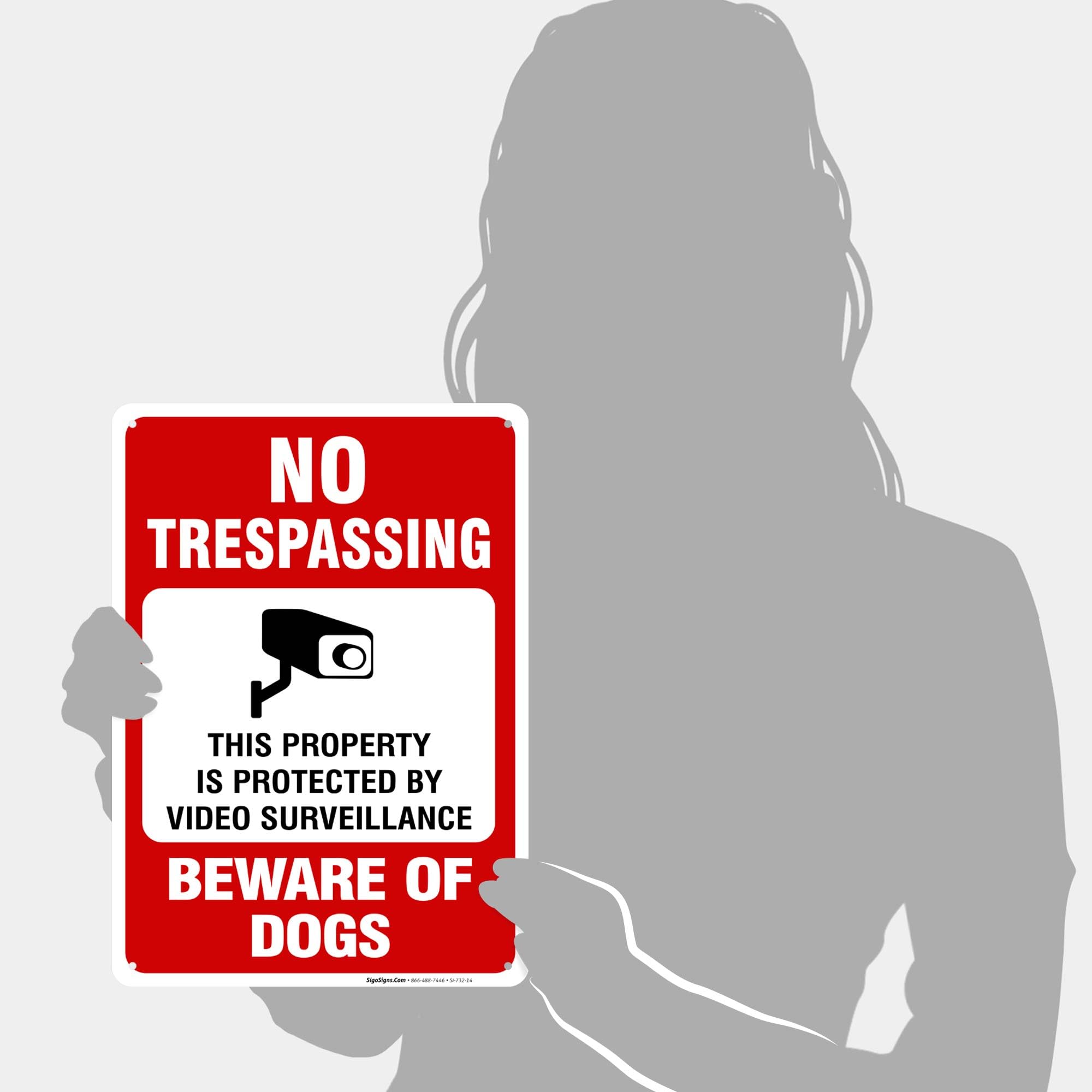 Beware of Dog No Trespassing, Video Surveillance Sign, 10x14 Inches, Rust Free .040 Aluminum, Fade Resistant, Made in USA