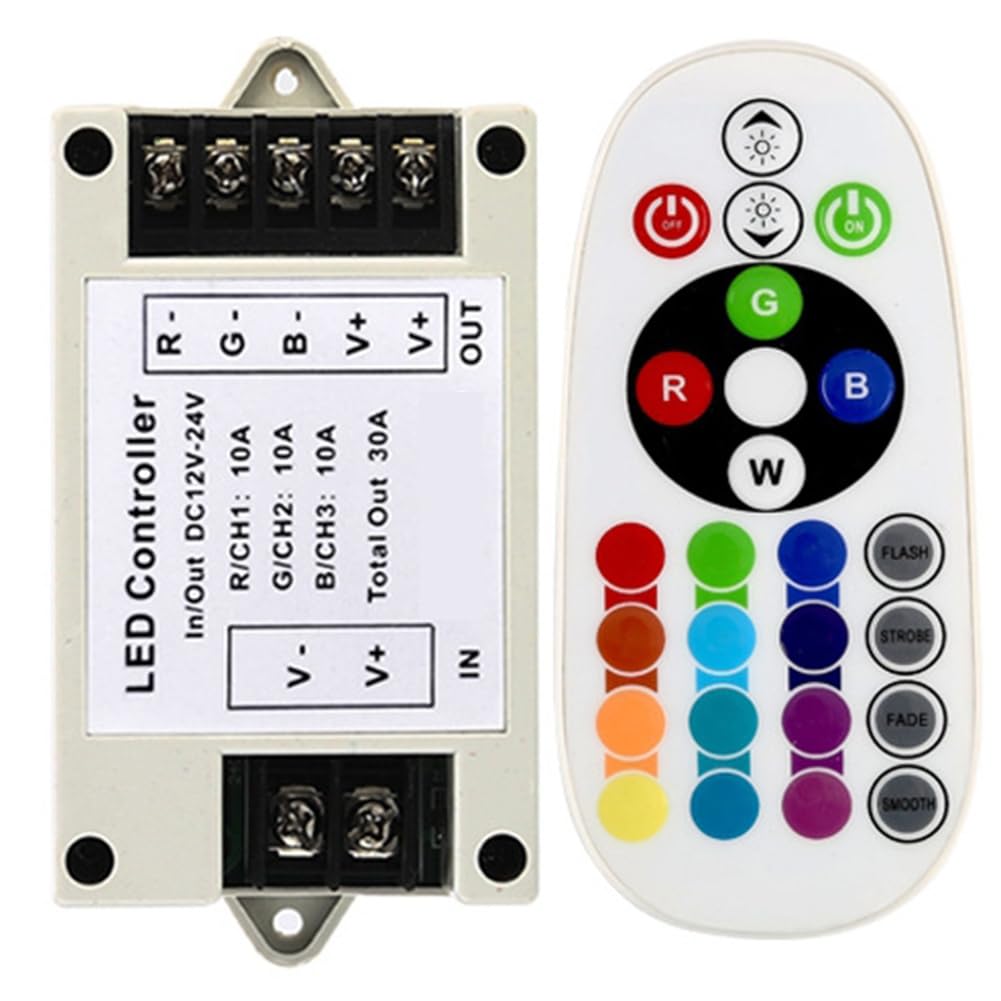 UDSKNV[KSL Bluetooth-Compatible LED Controller for RGB/RGBW Strip Lights, 360W, DC12-24V with 24Key IR Remote