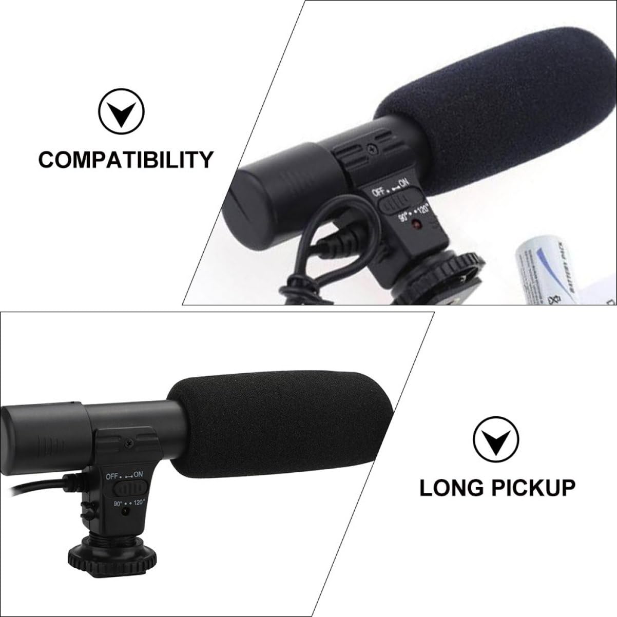 TEHAUX Micrófono de Cámara DSLR Negro Abs para Entrevistas y Vídeo | Zapato Estándar, Captura Estéreo de Alta Sensibilidad, Ángulo 90/120 Grados, Compatibilidad Amplia Teléfono y Camcorder