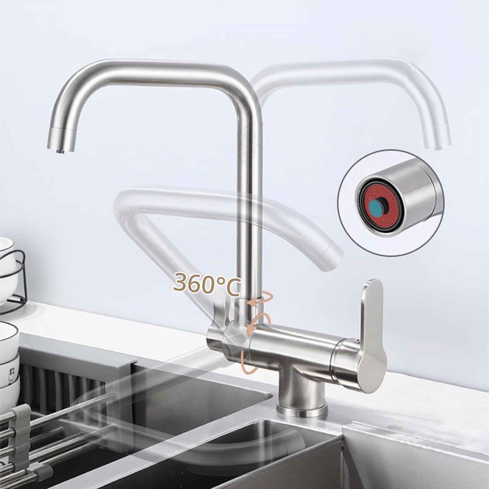 XJTNLB Rubinetto a Tre Vie Cucina Pieghevole, Miscelatore 3 Vie Abbattibile Sottofinestra Ottone Rubinetto Girevole Rubinetto 3 Vie per Depuratore, Spazzolato