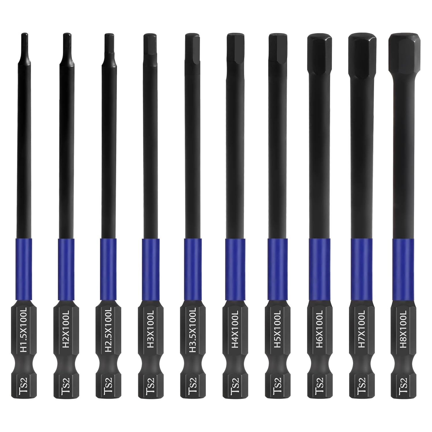 HPHOPE 10pcs Metric Hex Bit Set, 100mm, TS2 Alloy Steel, Magnetic Impact Bits, Storage Box