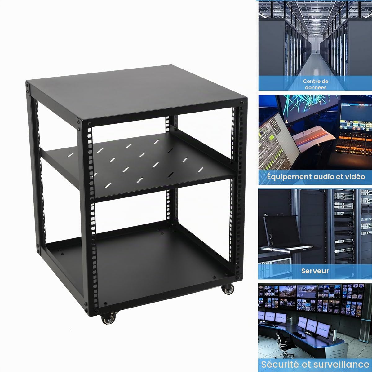 Rack de Serveur à Cadre Ouvert 12U Support de Serveur réseau autoportant, Universal 19 Pouces Rack Serveur Mobile avec 4 Roues pour équipement IT/réseau