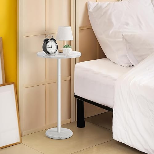 Miniatura 5 de Juego de 2 mesas auxiliares redondas blancas, mesa auxiliar pequeña, mesa moderna con pedestal para bebidas con base de mármol para espacios