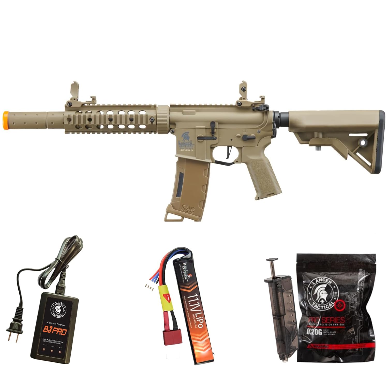 Lancer Tactical Gen 3 M4 Carbine SD Airsoft with Programmable Mosfet/ETU-Electric Full/Semi-Auto AEG Rifle (Lipo Battery & Charger Included) (TAN)
