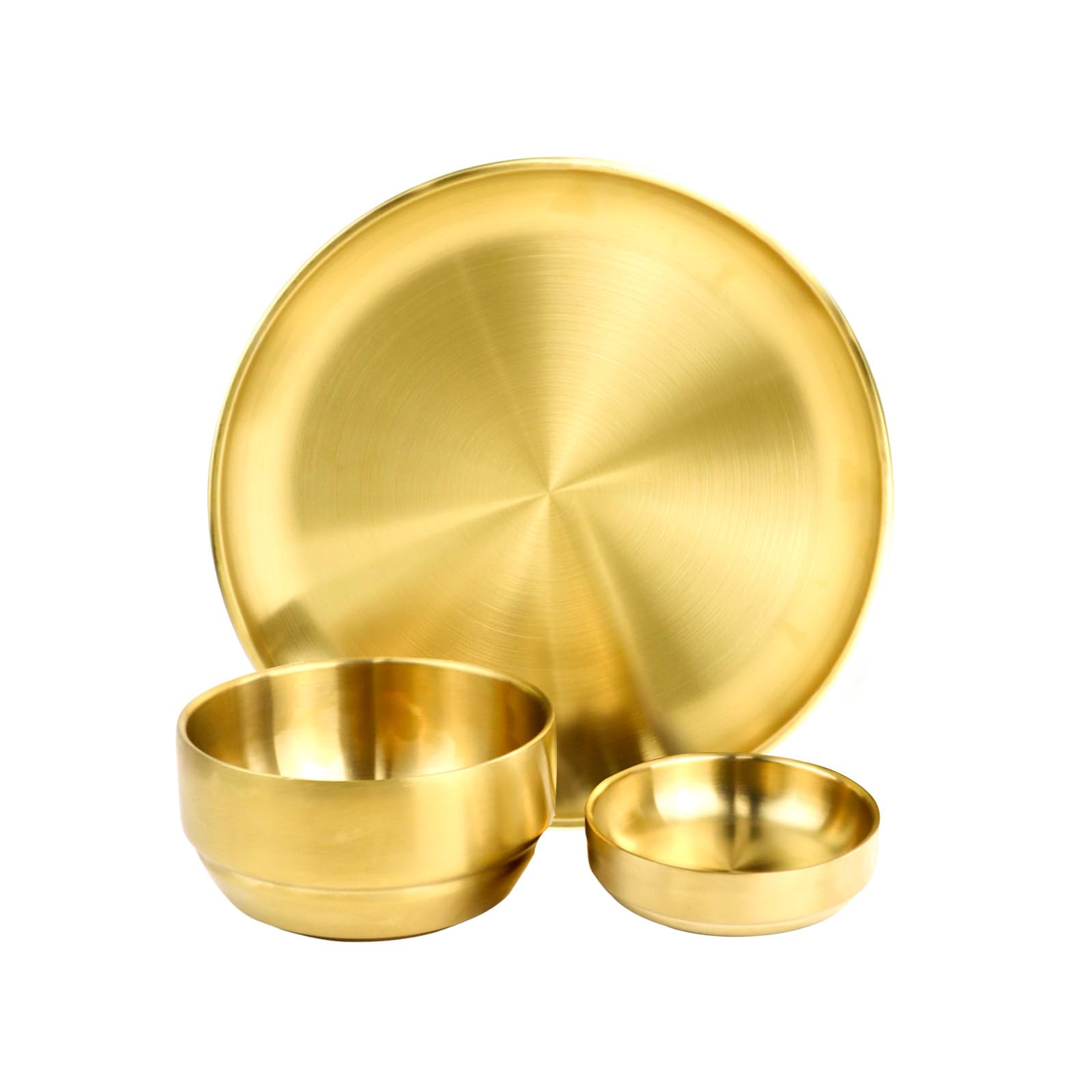 Roucerlin 3 Pcs Unbreakable Dinnerware Sets, Stainless Steel Dishes Set, 9in Thicken Dinner Plates, 4.7in Gold Soup Bowls, 3.5in Sauce Dish，Plates and Bowls Sets for Kitchen Outdoor Camping (3 PCS)
