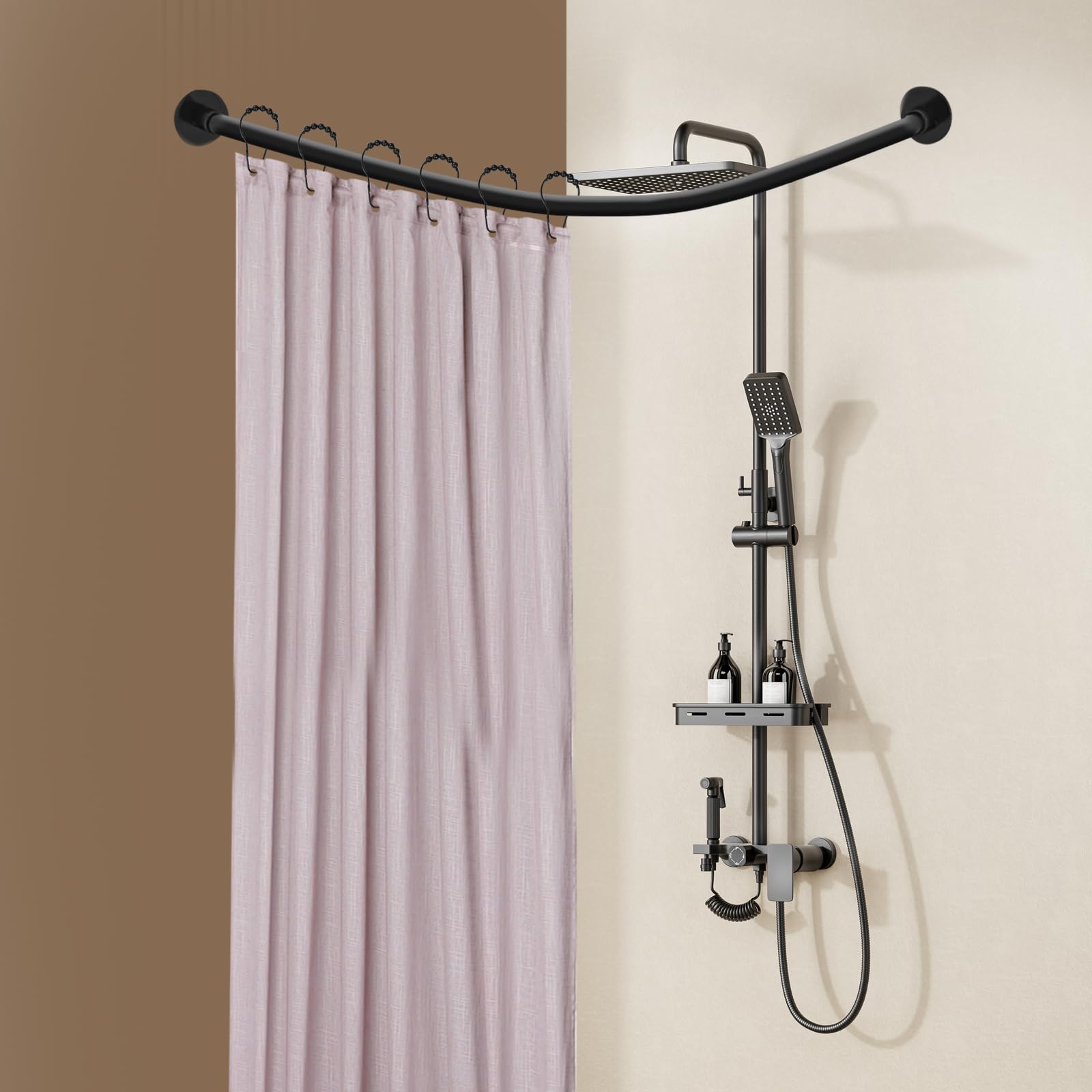 Barra de cortina de ducha angular L, barra de cortina de ducha extensible negra, barra de acero inoxidable para cuarto de baño, sin taladrar, soporte de pared o adhesivo, instalación fácil, ajustable
