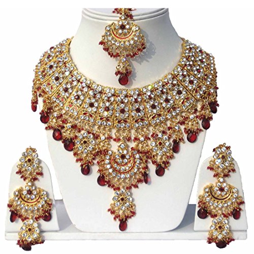 Finekraft Collier de mariée plaqué or style Bollywood avec perles et zircons cubiques, avec tikka et boucles d’oreilles… – Image 3