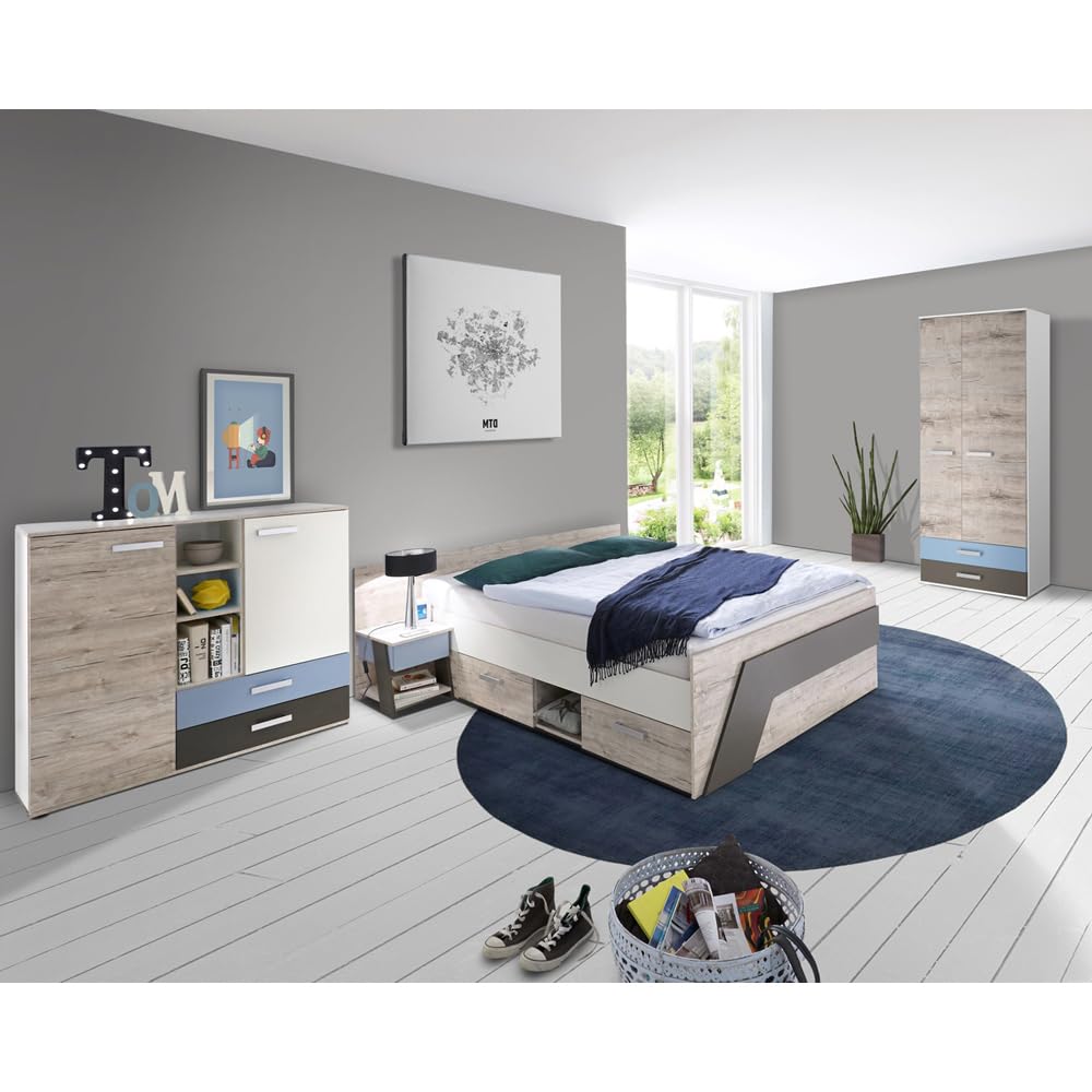 Lomadox Jugendzimmer Kinderzimmer Komplett Set, Sandeiche mit weiß Lava blau, 140 x 200 cm Jugendbett Kojenbett, Kleiderschrank, Nachttisch, Kommode