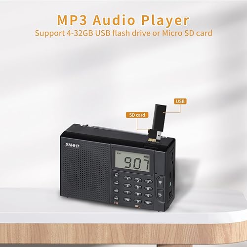 Miniatura 6 de Radio portátil AM FM SW Bluetooth con batería recargable de 1200 mAh, pequeña radio de onda corta sintonización digital, pantalla LCD, soporte USB y