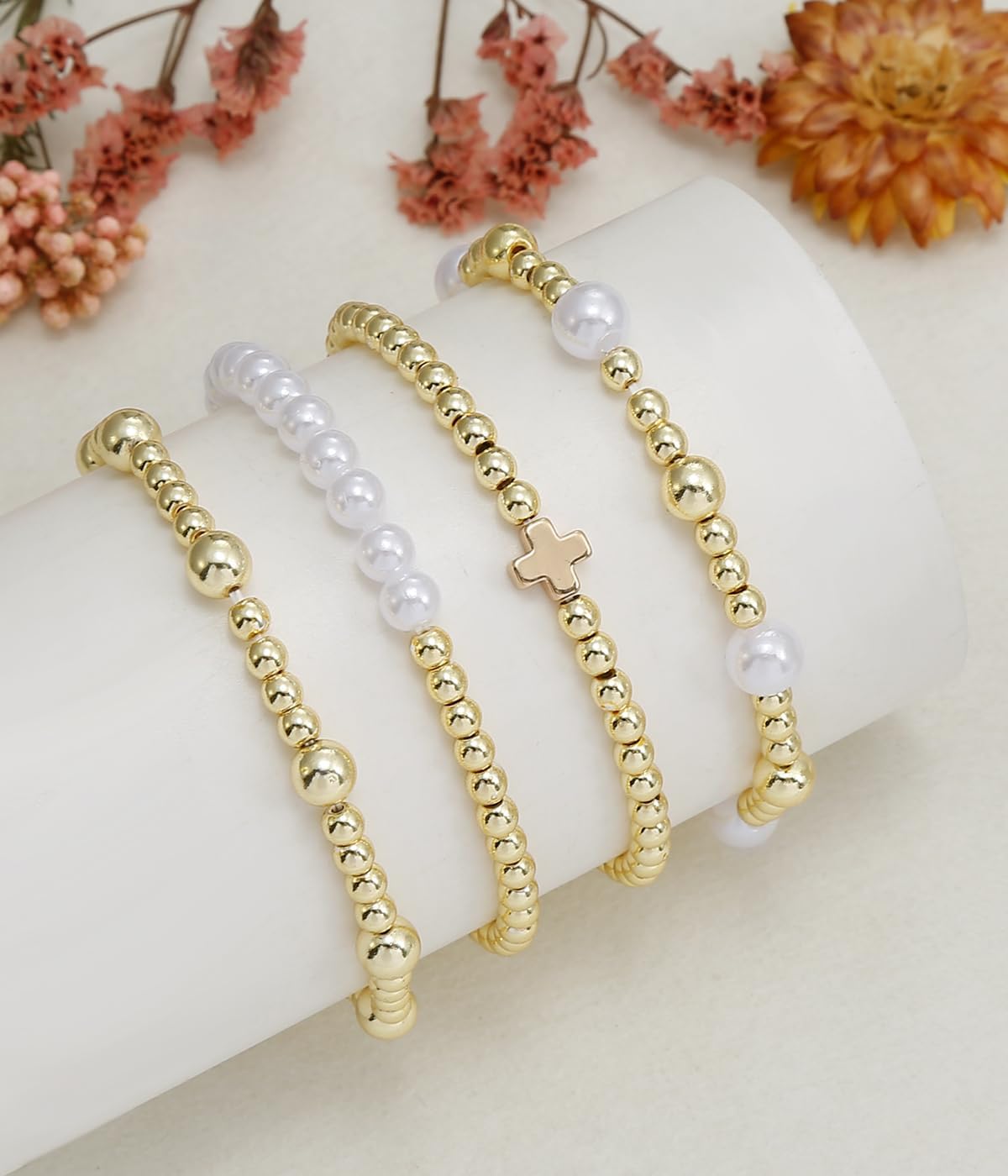 BOMAIL Gold Beaded Bracelets for Women Trendy Non Tarnish Gold Bracelet Stack 14K Gold Plated Pearl Bead Bracelets Cross Bracelets Set Stackable Stretch Beads Bracelet - Image 7