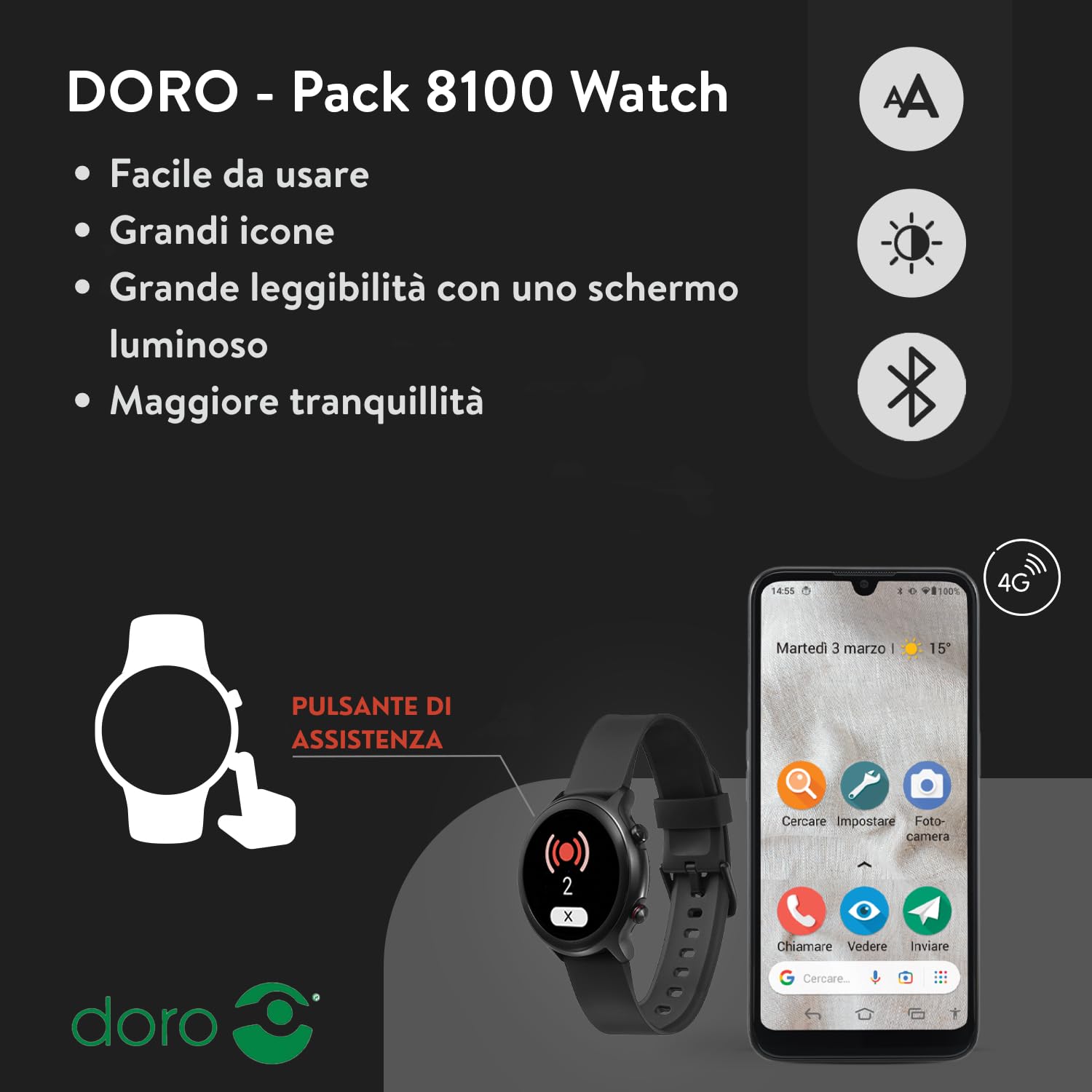 Doro 8100 + Smartwatch - 4G Smartphone Anziani - Cellulare Facile Anziani - Resistente all'Acqua - Fotocamera 13MP - Display 6.1" - Tasto Assistenza - Orologio Fitness - Uomo - Donna (Nero+Nero)