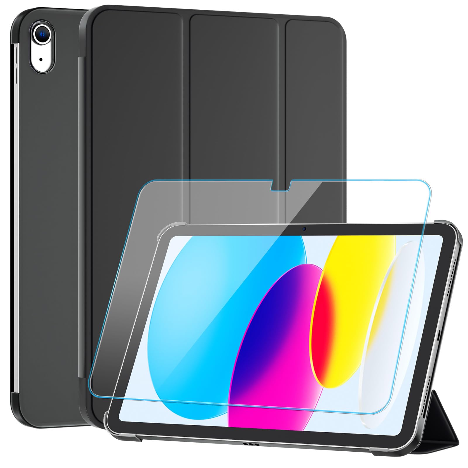 SUPFINE for iPad 10th Generation Case 10.9 inch 2022, with (Glass Screen Protector), Slim Stand Translucent Back Shell Cover for iPad 10th Generation (Support Touch ID, Auto Wake/Sleep), Black