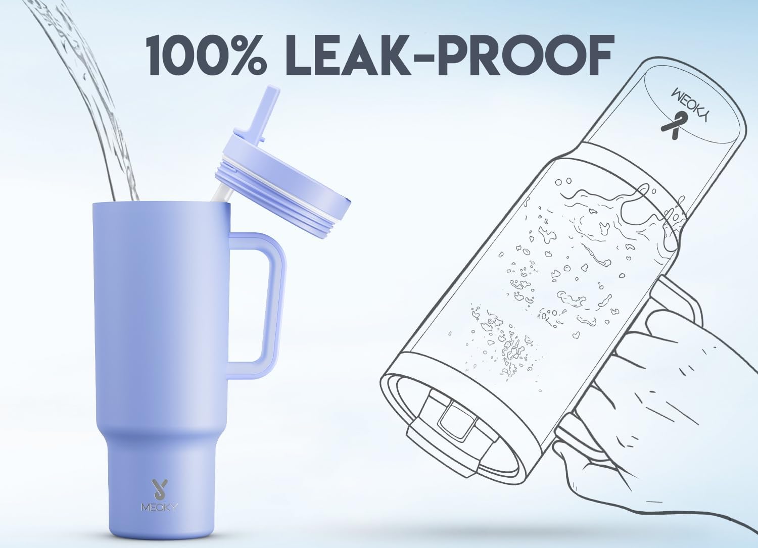 Meoky 40 oz Tumbler with Handle and Flip Straw, 100% Leakproof Tumbler with Lid and Straw, Stainless Steel Insulated Cup, Cupholder Friendly, Keeps Cold for 34 Hours (Lilac) - Image 3