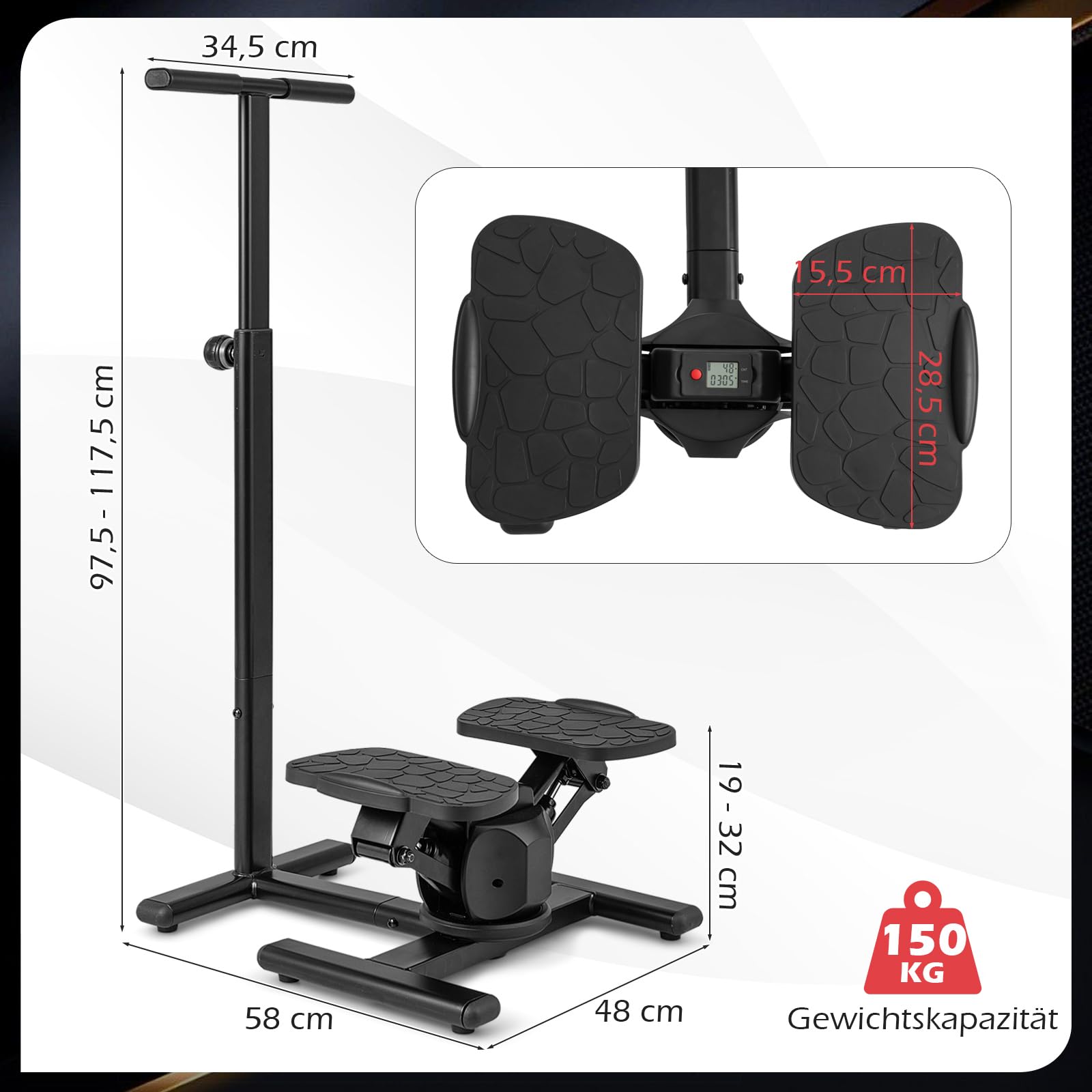 COSTWAY Stepper z kierownicą, stepper fitness z regulowanym rezystorem i wyświetlaczem LCD, wspinaczka schodowa z uchwytem o regulowanej wysokości, do domu, biura, na siłownię