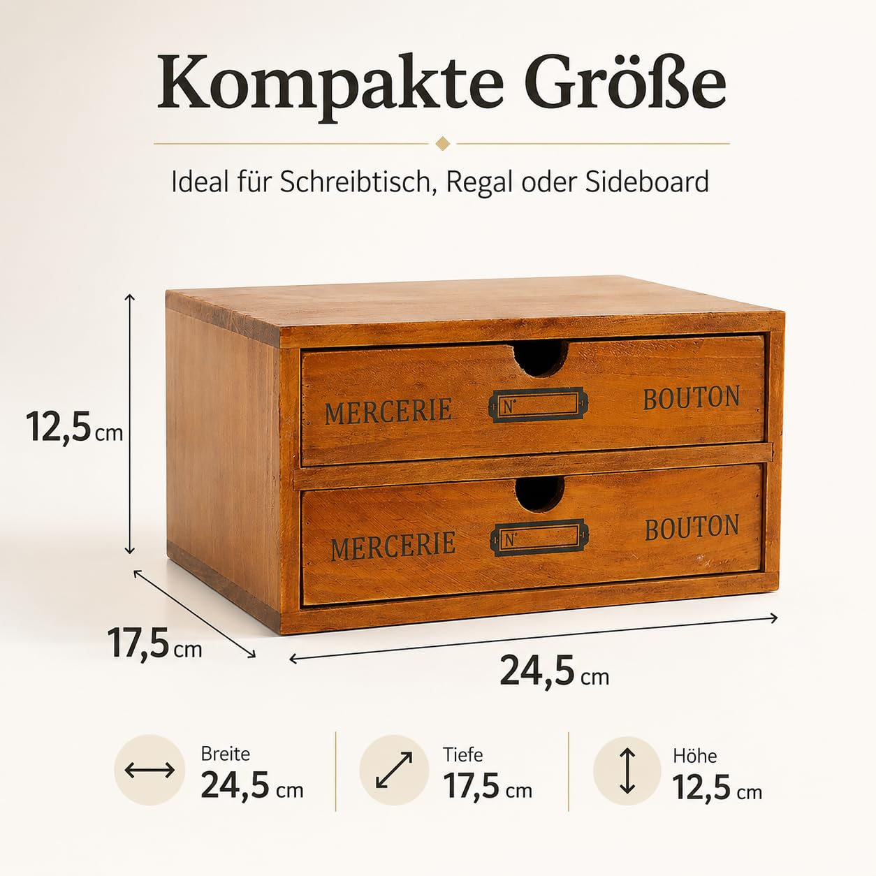 Schubladenbox Holz 24.5 x 17.5 x 12.5 cm Vintage Stil doppelschichtig stabile Aufbewahrung Schreibtisch Organizer für Büro Wohnzimmer Schlafzimmer Ordnung