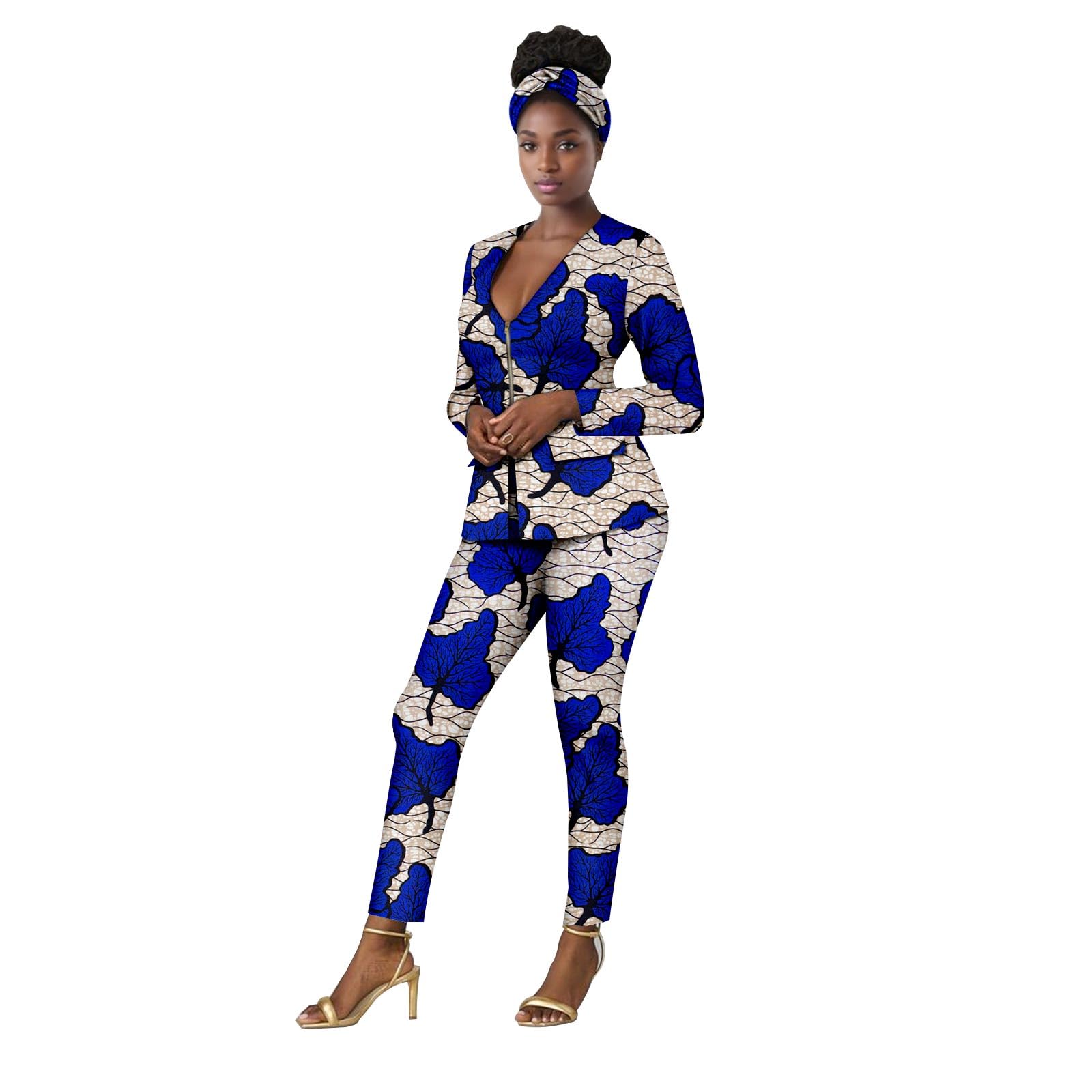 African Women Outfit - Long Sleeve V-Neck Jacket and Pants Set with Headscarf for Wedding Party
