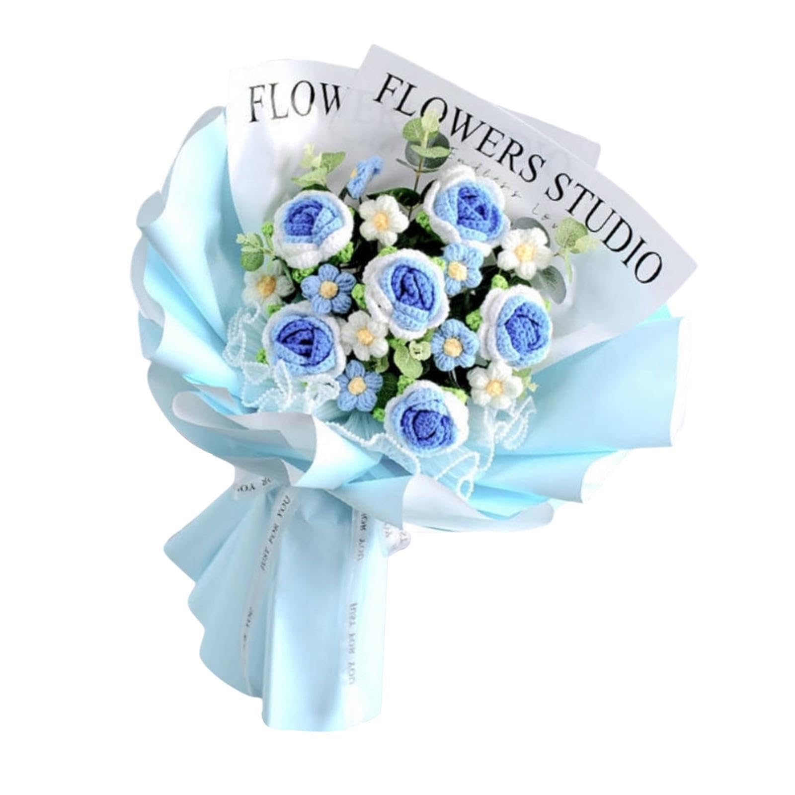 PIXZCSA Completed Crochet Flowers Bouquet Home Decor Festival Party Supplies Festival Wedding Graduation Anniversary Birthday, Blue