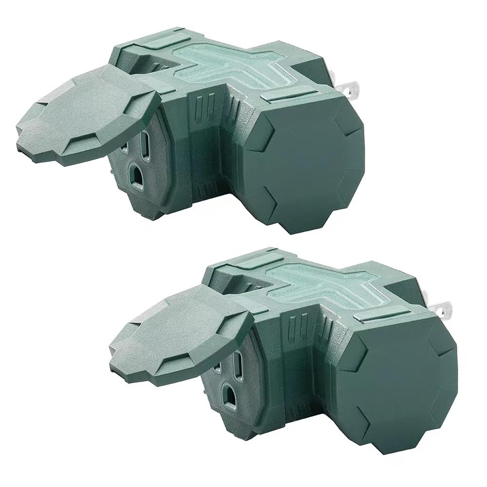 Outdoor Plug Outlet Splitter, 3 Way Outlets Power Extender with Safe Cover, Heavy Duty Waterproof Multi Plug for Holiday Decorations, Indoor/Outdoor Use, 1875W/15A, ETL Listed, Green, 2 Pack