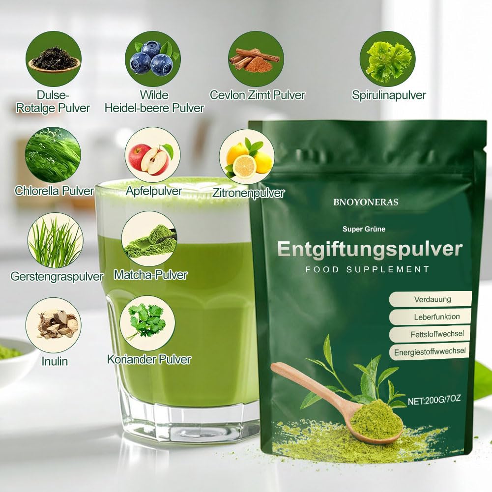 Grüne Entgiftungspulver, Grünes Superfood Pulver 200g – Grüner Pulver mit Matcha, Gerstengras, Heidelbeeren| Ballaststoffreich & Vegan | Natürliches Pflanzenpulver für Alltag & Ernährung, 2pc