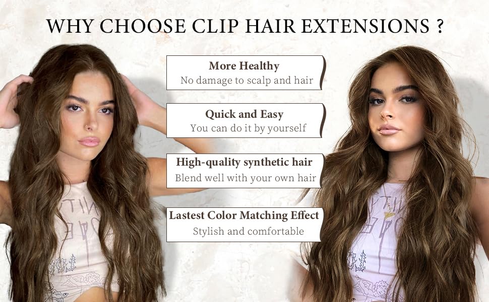 Image of Wavy Thick Clip in Hair Extensions 16 inch Chestnut Brown | Natural Volume & seamless, 4 Pieces Clip in Extensions,Fiber Double Weft Hairpieces,Wave Short Synthetic Hairpiece for Women