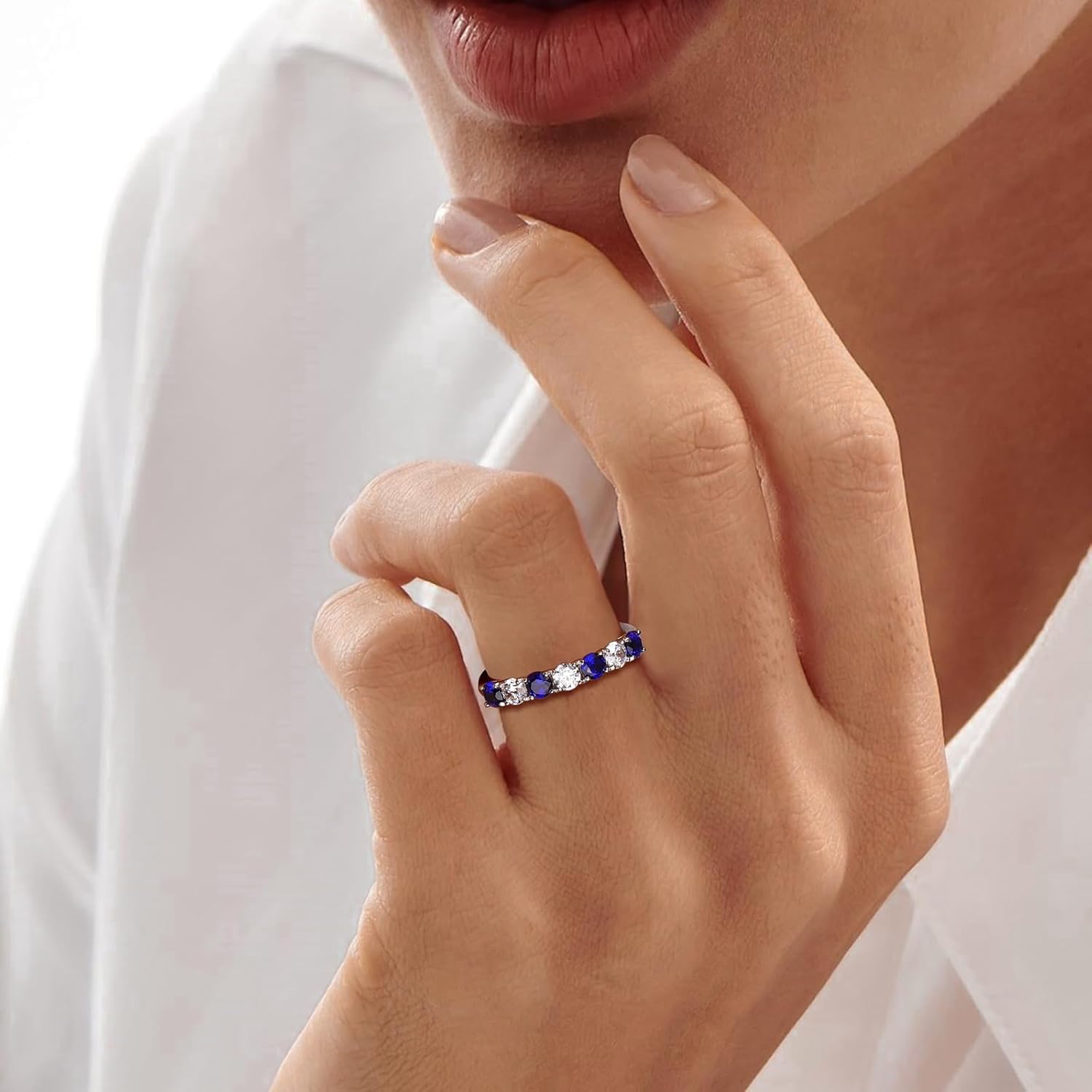 Sterling Silver Birthstone Rings for Women Wedding Bands, 3.5mm Half Eternity Band 7 Stone Anniversary Ring, 12 Month Gemstone Stackable Rings Size 6-10 - Image 2