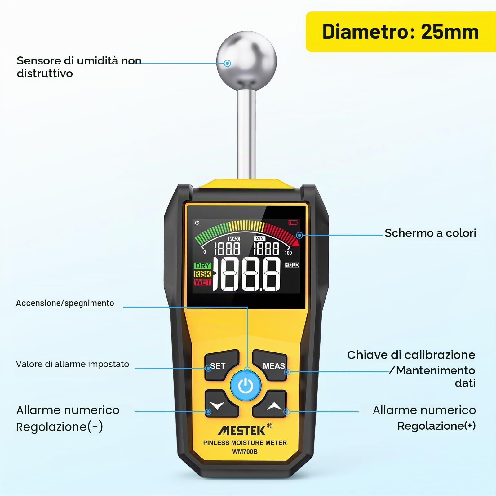 Misuratore di Umidità MESTEK Indicatore di Umidità 20-40mm Rivelatore di Umidità Igrometro Senza Ago Digitale LCD Display Allarme per Legni, Parete, Pavimenti, Legno, Gesso, con Batteria, Giallo