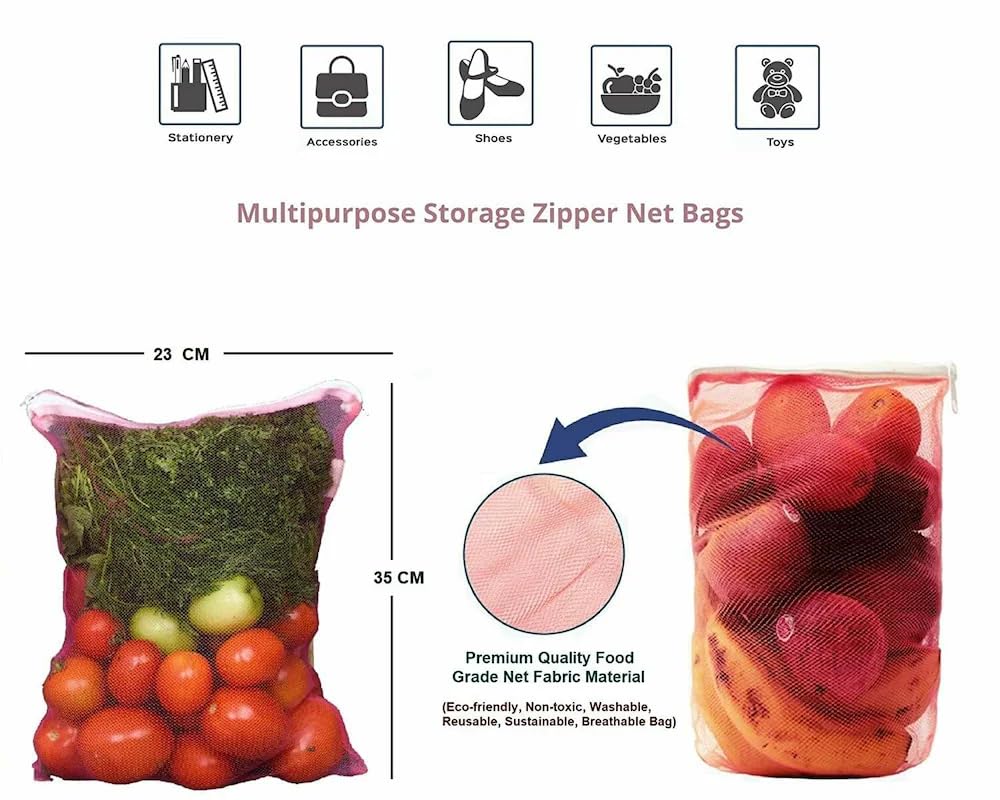 Shibui Vegetable bags for Fridge Storage Net Bag Vegetable and Fruit Reusable Produce Mesh Bags Grocery Shopping & Washable Reusable ziplock Multicolor. (Pack of 10) 4