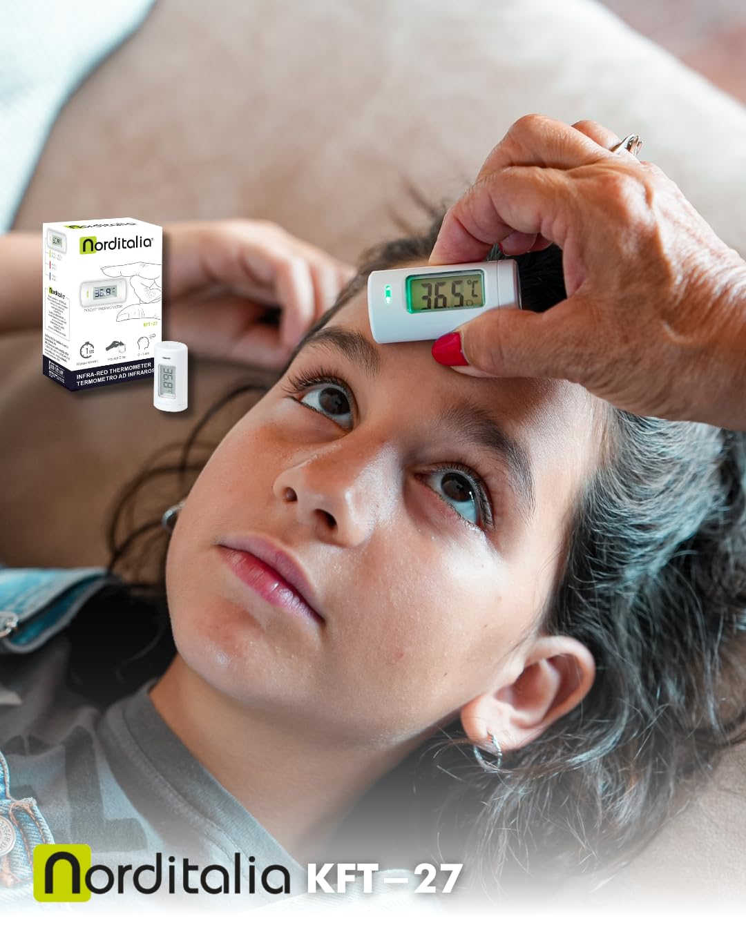 NORDITALIA, KFT-27 - Termómetro infrarrojo de bolsillo para fiebre, tamaño ultracompacto, tamaño en 1 segundo sin contacto de 0-3 cm, batería incluida, 20 memorias