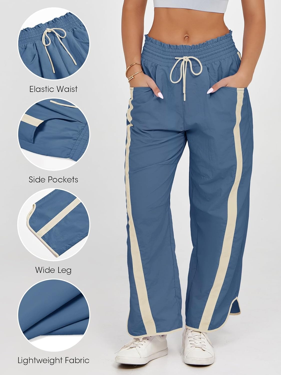 Fisoew Women's Baggy Wide Leg Pants Casual Drawstring Elastic Waisted Contrast Color Workout Y2K Track Pants - Image 3
