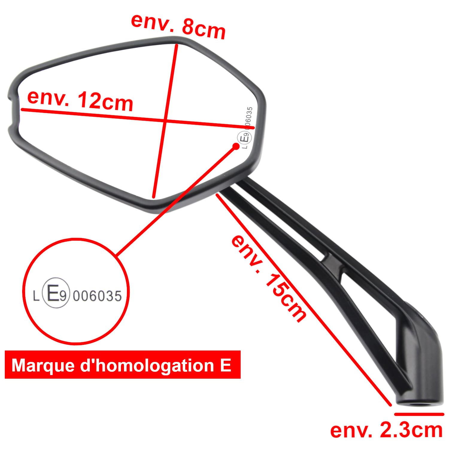Area1 Rétroviseur moto et scooter Rouge (2 pièces) homologué E, 2xM10/M8 filetage à droite+1xM10/M8 filetage à gauche ATV, Quad (Noir)
