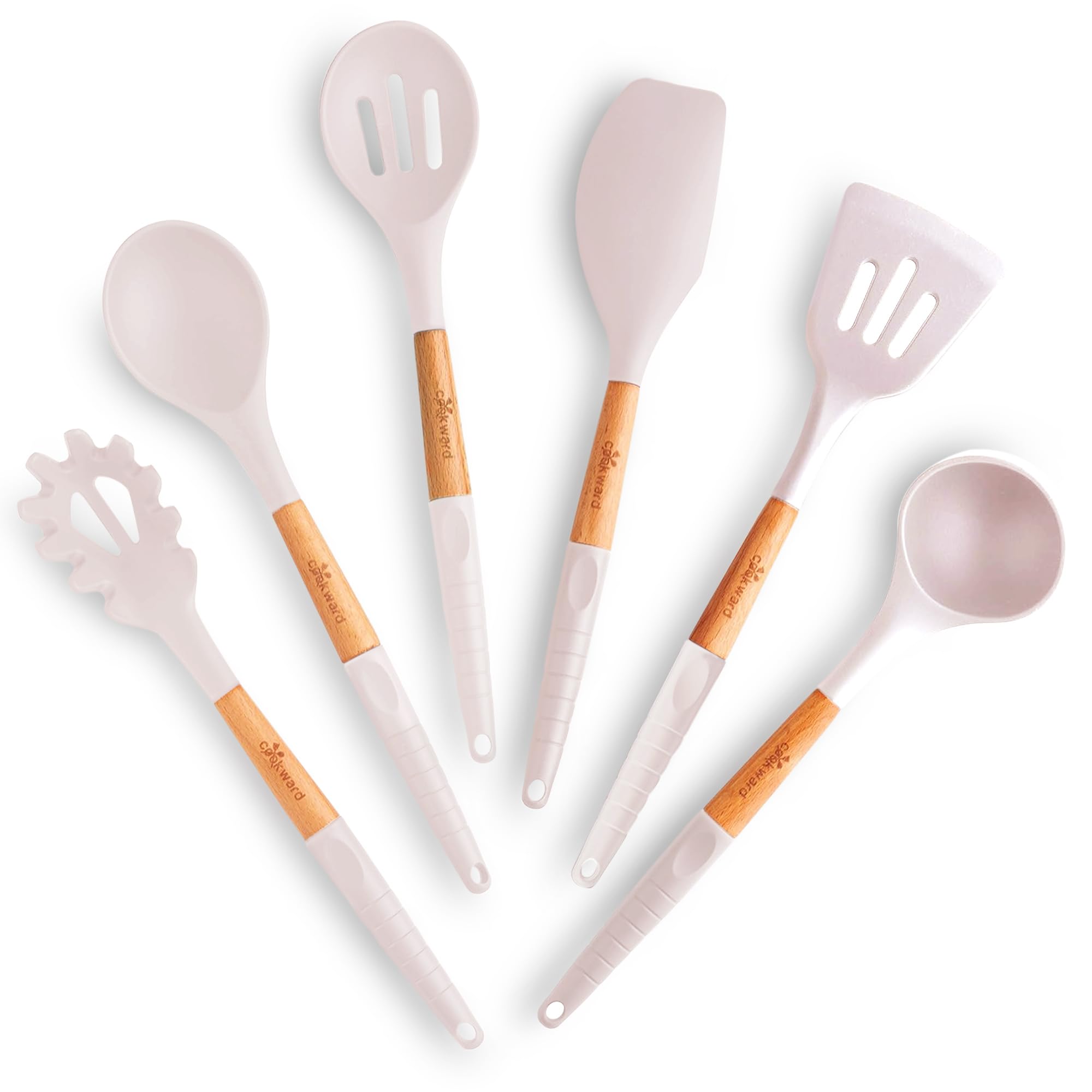 Juego de utensilios de cocina de silicona (6 piezas) de madera natural, ecológicos y sin BPA, antiarañazos y antiadherentes, de fácil agarre, color blanco