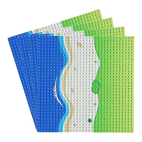 Feleph Classic Blue and Green Base plate for City Road Beach, Ocean Island Water Street Theme, 25 x 25 cm Compatible with Major Brands Building Bricks (Straight 4 Pieces) Cover