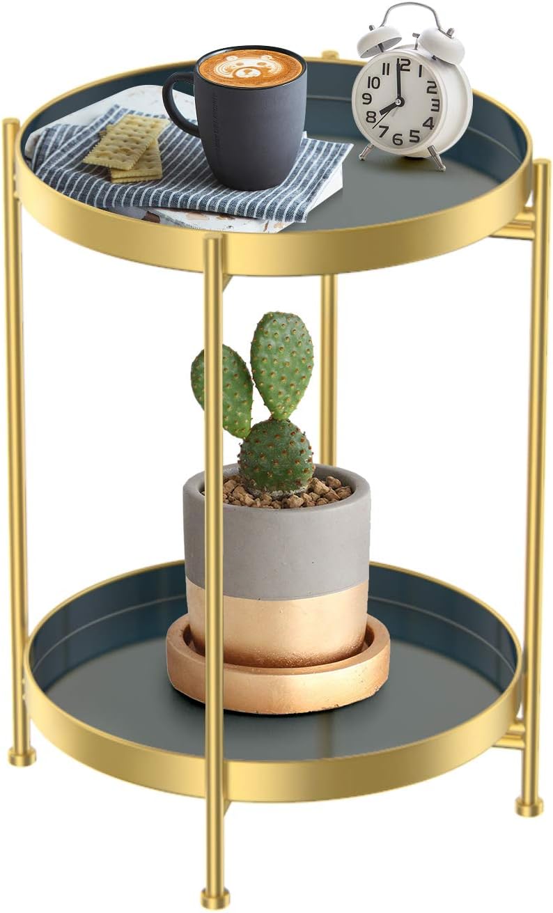 GLCS GLAUCUS Round Side Table, Gold Metal 2 Tier Tray Metal End Table for Sofa Living Room Tea Table Small Spaces Gold&blue