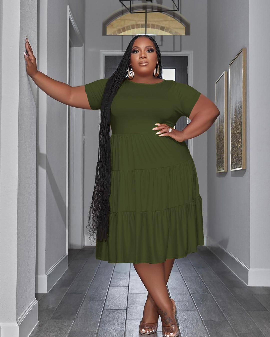 Women's Plus Size Casual Midi Dress Summer Short Sleeve Beach Dress Swing Flowy Tiered Dresses - Image 2