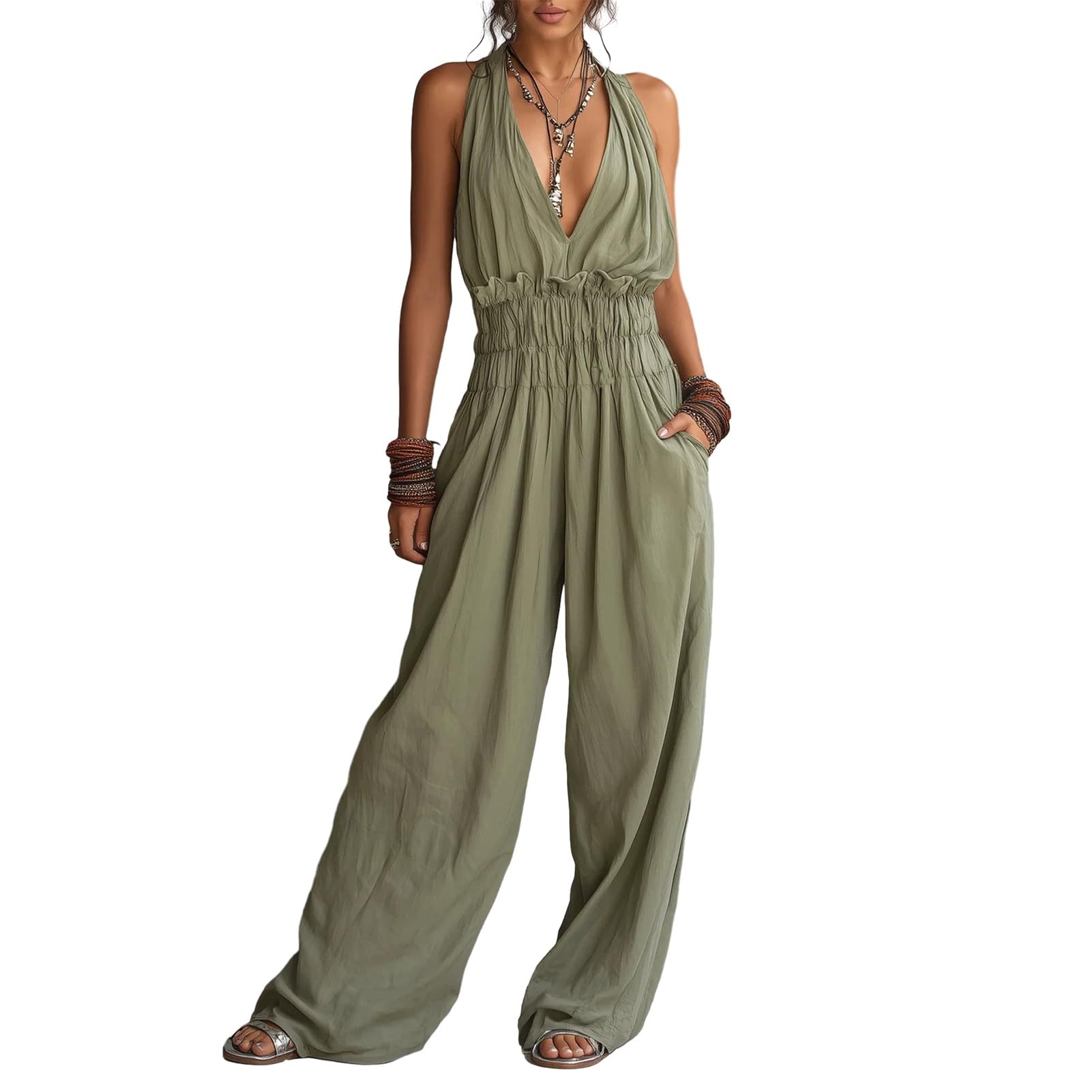 matumou Women's Halter Jumpsuit, Deep V Neck Sleeveless Backless Wide Leg Rompers, Flowy Casual Beach One Piece Outfits with Pockets