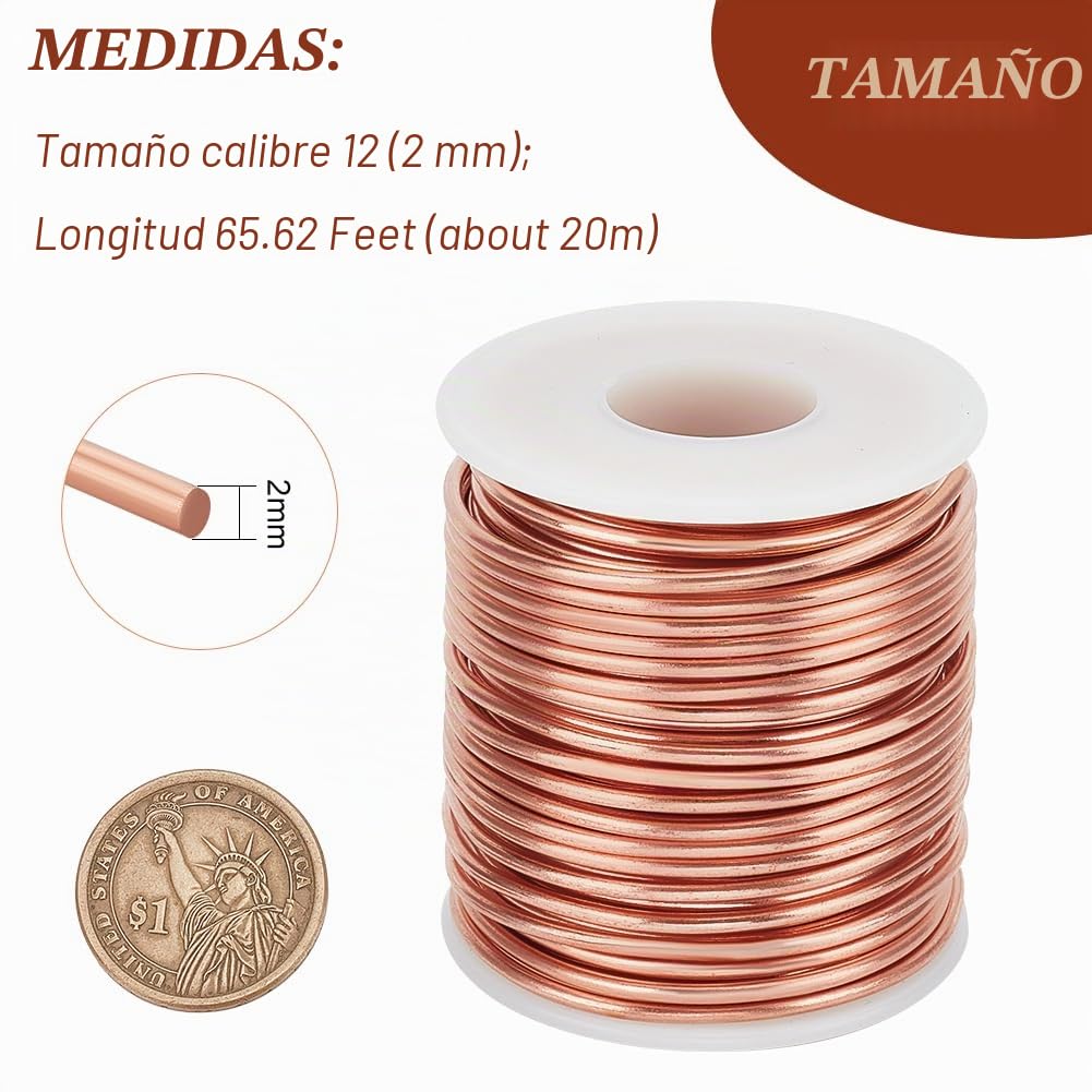 BENECREAT Alambre de Cobre Blando de 2 Mm Bobina Redonda de Cobre Desnudo de 20 M Alambre de Cobre Puro Sólido Alambre de Cuentas Artesanales para Fabricación de Joyas, Envoltura de Metal Gema
